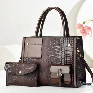 Dark brown faux crocodile tote bag with matching pouch and gold buckles for women