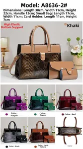 Three-piece women's tote set with snake pattern detail and size specifications
