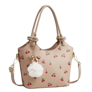 Borsa a secchiello minimalista in PU albicocca con stampa ciliegia e ciondolo pompon