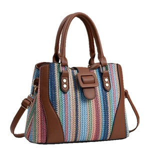 Bohemian large capacity colorful striped woven handbag with brown leather handles and strap