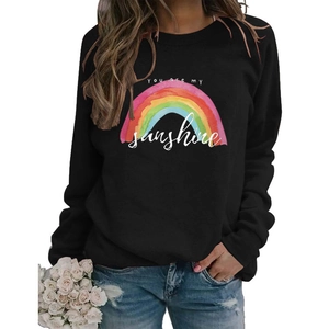 Detail of You Are My Sunshine rainbow print on black long sleeve crewneck sweatshirt