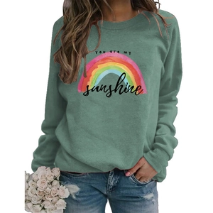 Close-up of rainbow and 'You are my sunshine' print on grey-green crewneck sweatshirt