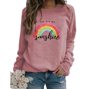 Pink 'You Are My Sunshine' rainbow print long sleeve sweatshirt with casual jeans