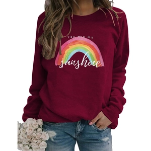 Detail of burgundy sweatshirt featuring rainbow and YOU ARE MY sunshine text print