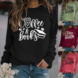 Sweatshirts col rond à manches longues pour femmes avec imprimé Coffee & Books en 4 couleurs