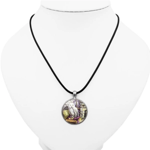 Pendentif en verre hibou magique et livres avec cordon en cuir noir pour femmes