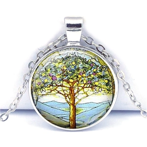 Collier Pendentif Arbre De Vie Rond Cabochon En Verre Bijoux En Alliage De Zinc Pour Femmes Hommes Argenté