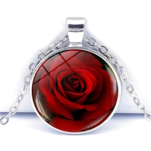 Collier Pendentif Rond Gemme De Temps Alliage De Zinc Verre Motif Floral Rose Bijoux Mode Pour Femmes