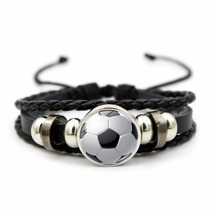 Detail of multi-layer leather braided soccer bracelet with adjustable drawstrings