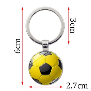 Soccer glass dome keychain with 6cm total height and 2.7cm diameter dimensions