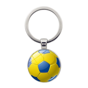 Metal soccer ball keychain featuring a blue and yellow football pattern pendant