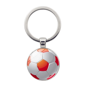 Detailed view of football keychain featuring orange and white ball pattern with metal ring