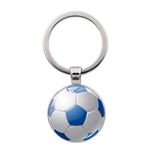 Detailed view of soccer ball pattern keychain with silver metal ring and glass dome pendant