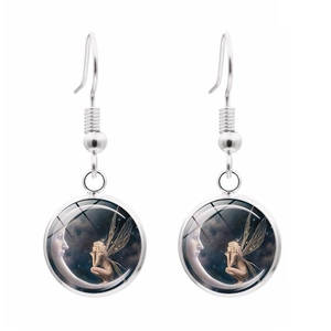 Silver hook earrings featuring moon and fairy glass dome pendant with starry blue background