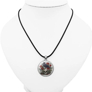 Collier gothique en cordon de cuir avec pendentif rond en verre, motif corbeau et crâne rose