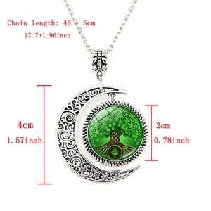 Silver hollow moon necklace with green tree of life pendant and size measurements