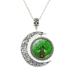Tree Of Life Hollow Moon Pendant Necklace Vintage Zinc Alloy Glass Cabochon Bohemian Jewelry For Women