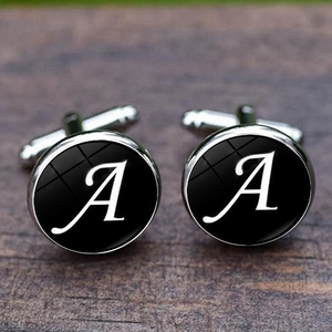 Silver alphabet A cufflinks with black glass gemstone for men's French shirts