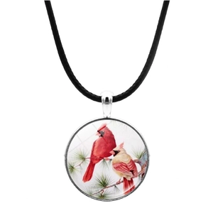Collier Pendentif Oiseau Cardinal Alliage De Zinc Cabochon En Verre Illustration Branche De Pin Cordon En Cuir Bijoux