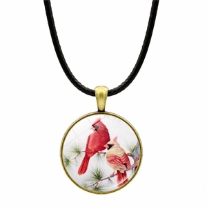 Collier vintage en bronze avec pendentif oiseau cardinal et cordon noir en cuir tressé