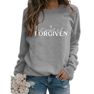 Detail of grey crewneck sweatshirt with white Not Perfect Just Forgiven cross print