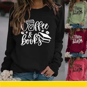 Sweatshirt À Col Rond Imprimé Lettres Coffee And Books Pull À Manches Longues Mélange De Coton Décontracté Pour Femmes