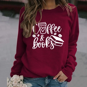 Sweat-shirt bordeaux surdimensionné pour femmes avec imprimé Coffee & Books et col rond