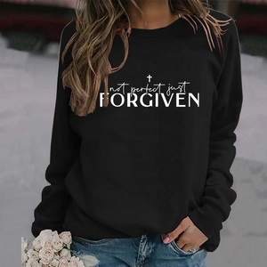 Women's black crewneck sweatshirt with 'Not Perfect Just Forgiven' print and cross