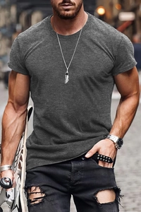 Detail of charcoal grey slim-fit men's t-shirt showing soft knitted fabric texture