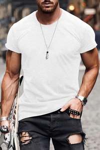 Detailed outdoor shot of a white crew neck slim fit men's t-shirt in cotton blend