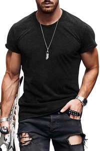 Detailed view of men's slim fit black crew neck t-shirt in premium cotton fabric