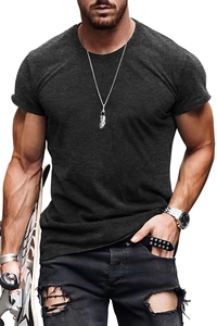 Close-up detail of dark grey slim fit cotton t-shirt with crew neck on male model