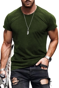 Close-up of a dark green slim-fit crewneck T-shirt in premium heavy cotton on a model