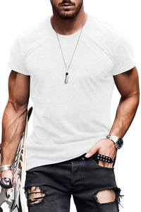 Close-up of a classic white crew neck t-shirt with premium texture and reinforced seams