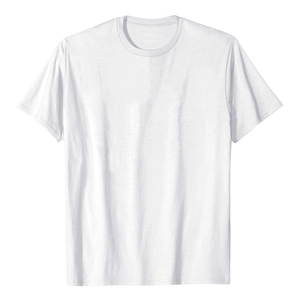 Close-up of lightweight cotton texture and round neckline of a plain white men's t-shirt