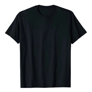 Detailed close-up of the fine stitching and crew neck of a black cotton t-shirt