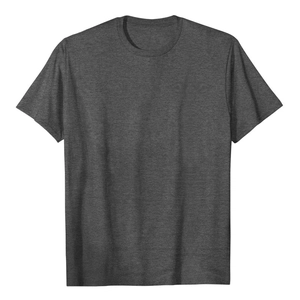 Close-up of charcoal grey cotton blend fabric and round neckline on men's t-shirt