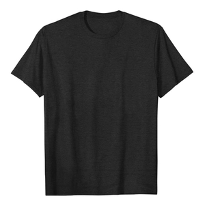 Detail of dark heather gray cotton t-shirt showing crew neck and fabric texture