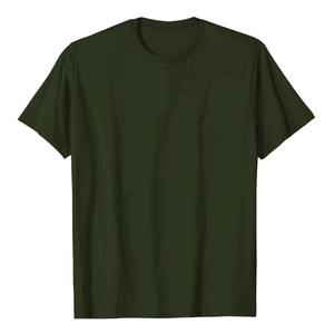 Detail of dark green cotton knit fabric and crew neck on a basic casual t-shirt