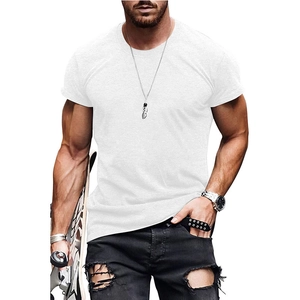 Men's white muscle fit crew neck t-shirt in street style athletic look with skateboard
