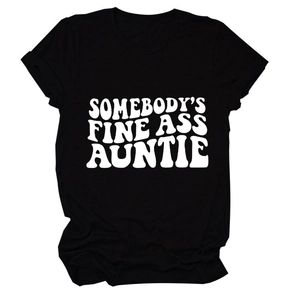 T-shirt noir en coton pour femme avec motif graphique AUNTIE blanc rétro et ondulé