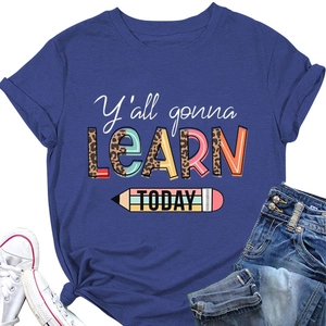 T-shirt bleu avec texte LEARN TODAY imprimé léopard et motif crayon pour enseignant