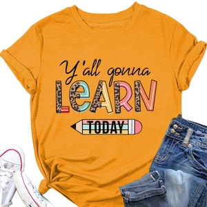 T-shirt jaune à plat avec motif léopard Y'all gonna LEARN TODAY et design de crayon