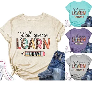 T-Shirt Graphique Y'all Gonna Learn Today Femmes Coton Manches Courtes Col Rond Imprimé Léopard Crayon Été Décontracté