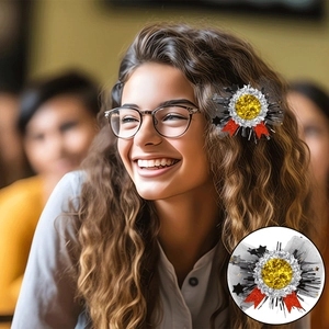 Detail of graduation glitter hair clips featuring gold and silver sequins on a smiling woman