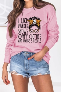 Detail of pink long sleeve sweatshirt with humor slogan print and female illustration