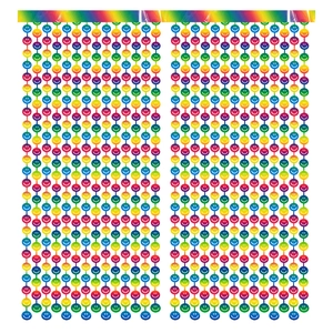 Rainbow smiley face fringe curtain detail with colorful round tassels for party background