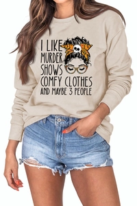 Detail of beige crewneck sweatshirt with ribbed cuffs and unique graphic print design