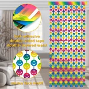 Detail of rainbow foil fringe curtain with smiley faces and self-adhesive hanging tape