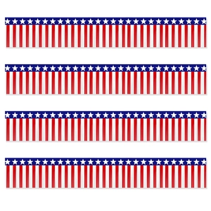 Detail of red white and blue patriotic fringe banners for Independence Day party decor